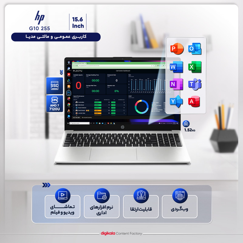 لپتاپ اچ پی مدل G10 255 با پردازنده Athlon Silver 7120U، رم DDR4 8GB با فرکانس 3200MHz، حافظه SSD با ظرفیت 256GB، نمایشگر 15.6 اینچ TN با وضوح Full HD، کاستوم شده