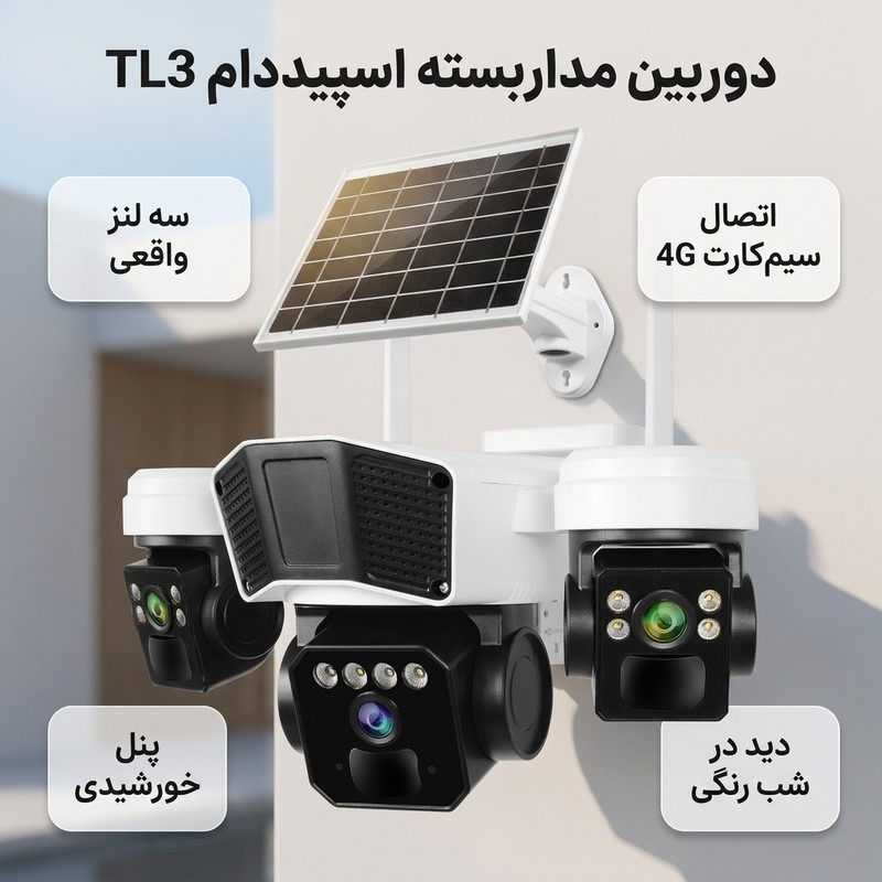 دوربین مداربسته تحت شبکه اسپیددام مدل TL3 با 3 لنز واقعی، اتصال سیمکارت 4G، پنل خورشیدی، دید در شب رنگی، تشخیص حرکت و استاندارد IP66 مناسب فضای باز و نصب سقفی و دیواری