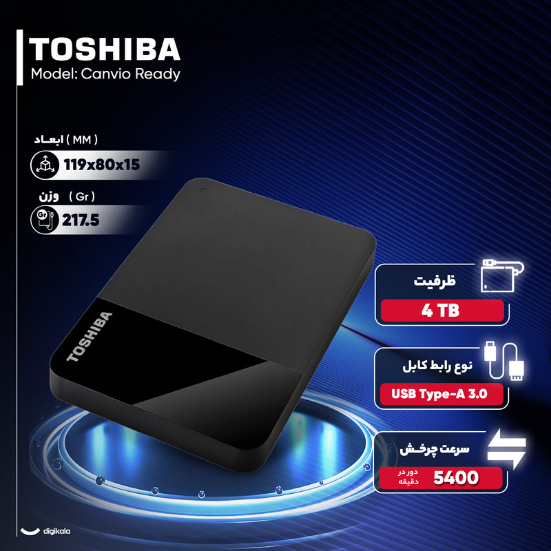 هارد اکسترنال توشیبا مدل Canvio Ready ظرفیت 4 ترابایت با استاندارد ارتباطی USB 3.2 Gen1