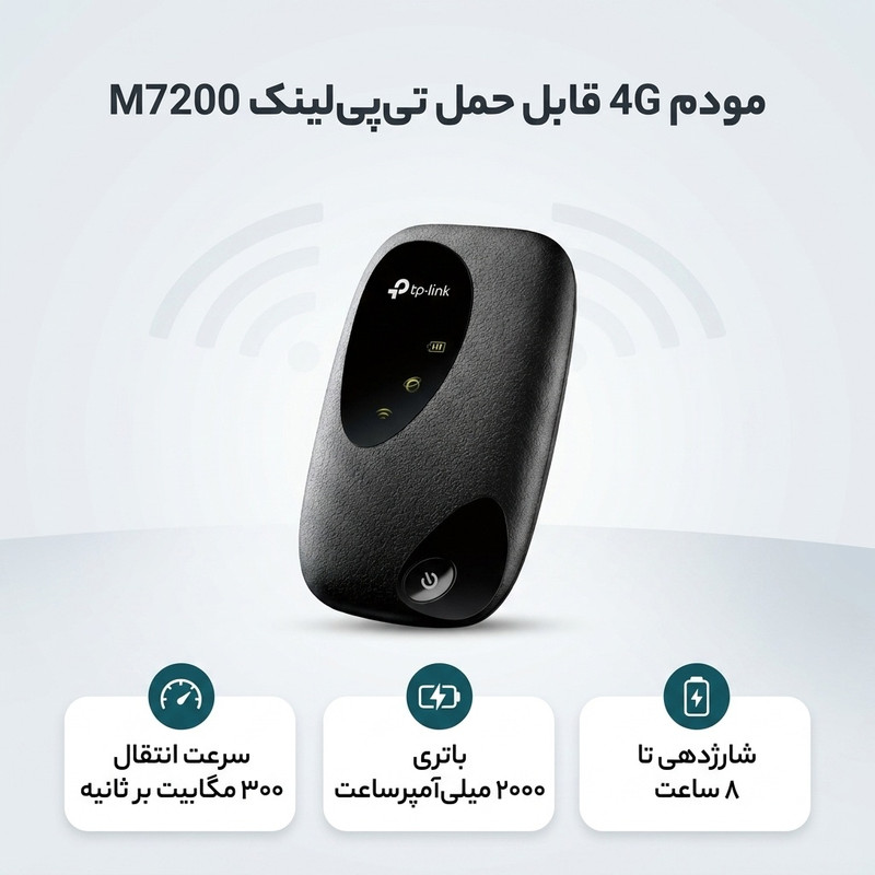 مودم 4G قابل حمل تیپیلینک مدل M7200 با باتری 2000 میلیآمپرساعت، سرعت انتقال 300Mbps، پشتیبانی از اتصال بیسیم و باسیم، وزن 100 گرم، امنیت WPA2 و قابلیت استفاده تا 8 ساعت