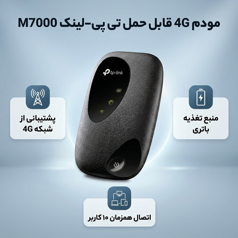 مودم 4G قابل حمل تی پیلینک مدل M7000 با پشتیبانی از اتصال بیسیم، حداکثر 10 کاربر، آنتن داخلی 20dBm، سرعت دانلود 150Mbps و سرعت آپلود 50Mbps، منبع تغذیه باتری و رابط microUSB