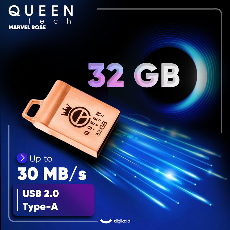 فلش مموری کوئین تک مدل MARVEL ظرفیت 32 گیگابایت رابط USB 2.0، بدنه فلزی مقاوم، طراحی فشرده با بند آویز، ضد آب و ضد شوک، سرعت انتقال 30 مگابایت بر ثانیه، سازگار با کامپیوتر، لپتاپ، موبایل و تبلت