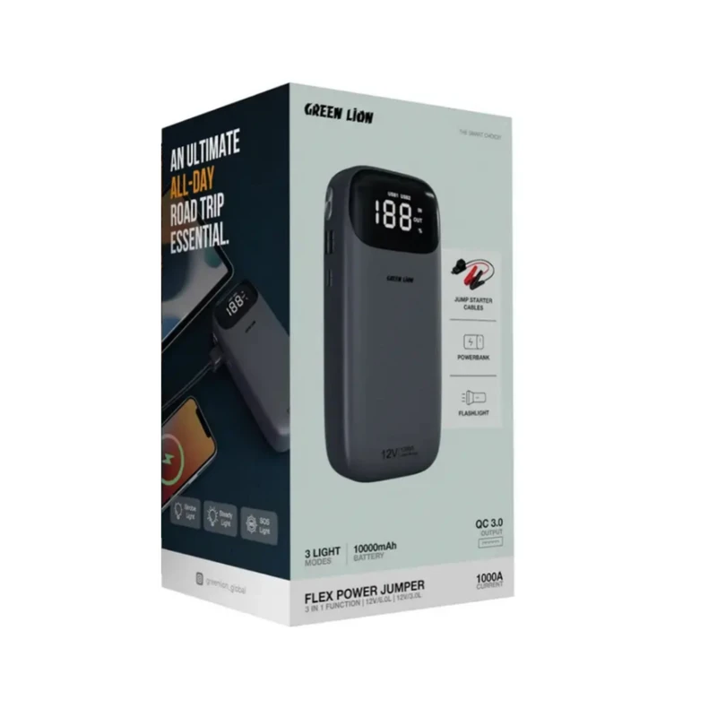 پاوربانک و جامپ استارتر گرین لاین مدل Flex Power GNFLXJUMP10GY ظرفیت ۱۰۰۰۰ میلی آمپر ساعت